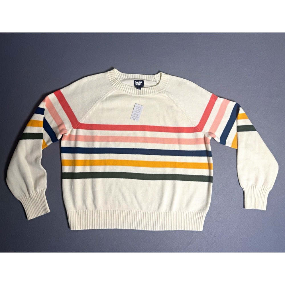 Lands' End Women's L  100% Cotton Knit Crewneck Striped Pullover Sweater